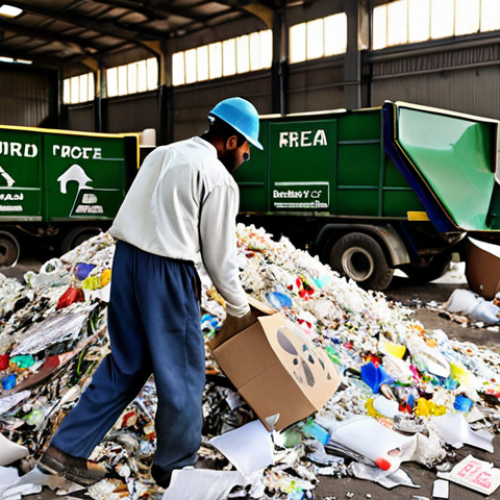 Home 23 **A busy recycling center:** Workers sorting through piles of paper, plastic, metal, and glass. Focus on conveying the environmental benefit of recycling. Include Urdu signage.