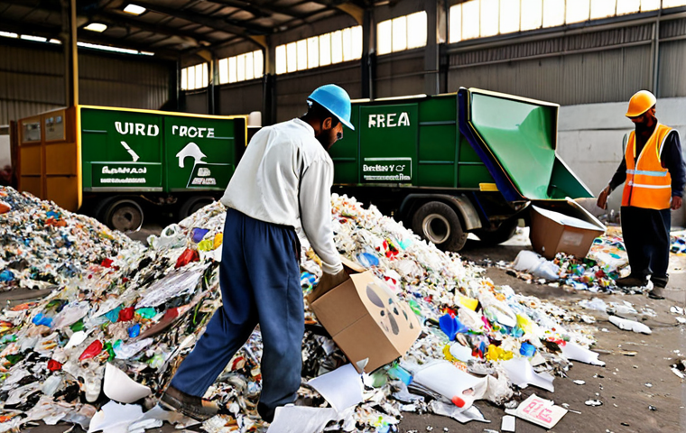 **A busy recycling center:** Workers sorting through piles of paper, plastic, metal, and glass. Focus on conveying the environmental benefit of recycling. Include Urdu signage.