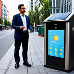 A professional urban planner, fully clothed in a modest business suit, observes a sleek, solar-powered smart waste bin in a clean, modern city street. The bin features subtle technological indicators and a digital display showing 'Optimal Capacity'. In the background, other smart infrastructure elements are visible, hinting at an integrated IoT network for efficient waste management. The scene is bright and optimistic, showcasing urban efficiency and sustainability. safe for work, appropriate content, fully clothed, professional, perfect anatomy, correct proportions, natural pose, well-formed hands, proper finger count, natural body proportions, high-quality photograph, realistic.
