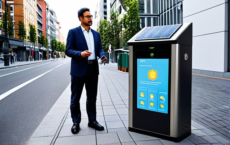 A professional urban planner, fully clothed in a modest business suit, observes a sleek, solar-powered smart waste bin in a clean, modern city street. The bin features subtle technological indicators and a digital display showing 'Optimal Capacity'. In the background, other smart infrastructure elements are visible, hinting at an integrated IoT network for efficient waste management. The scene is bright and optimistic, showcasing urban efficiency and sustainability. safe for work, appropriate content, fully clothed, professional, perfect anatomy, correct proportions, natural pose, well-formed hands, proper finger count, natural body proportions, high-quality photograph, realistic.