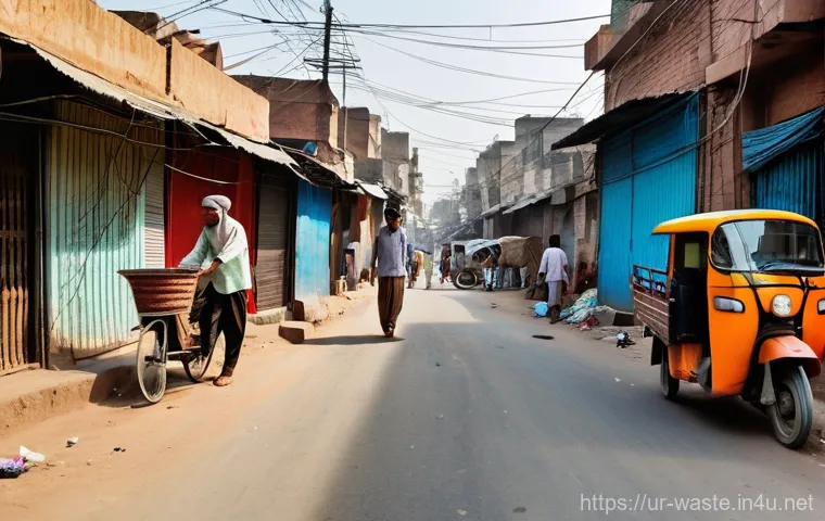 폐기물처리 현장 사례 분석 - **Prompt:** "A bustling street scene in an urban Pakistani neighborhood, captured during the daytime...