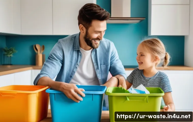 폐기물처리 실무 경험 부족 극복하기 - **Prompt:** A heartwarming scene inside a bright, modern home. A young, smiling family, consisting o...