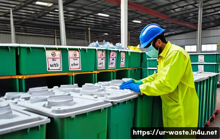 폐기물처리 이직 준비 가이드 - A professional environmental engineer in a modern recycling facility in Pakistan, wearing full prote...
