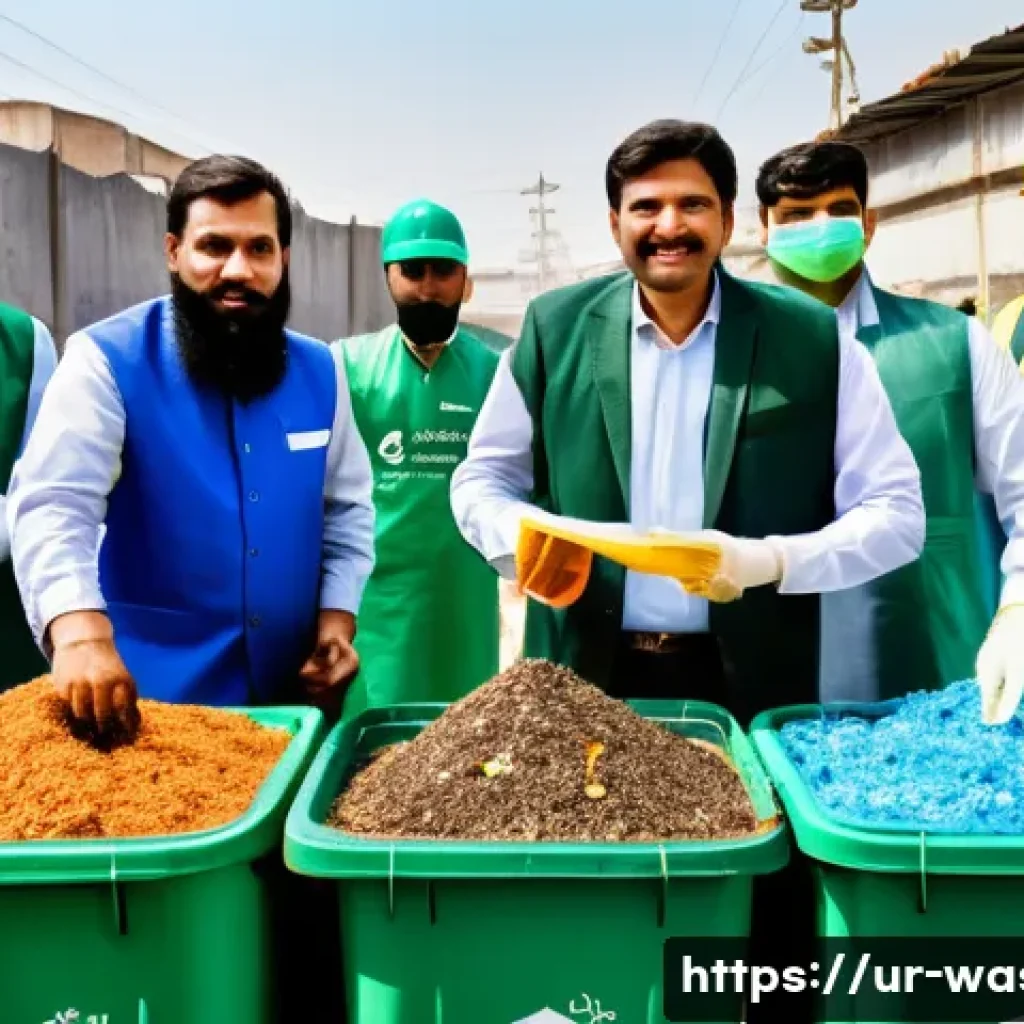 폐기물처리 과정에서의 리더십 역할 - A dynamic scene depicting a diverse team of Pakistani waste management workers in traditional and mo...