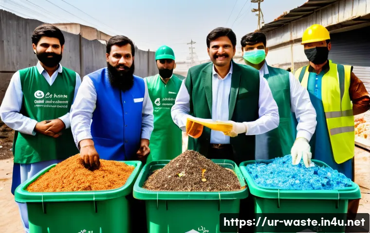 폐기물처리 과정에서의 리더십 역할 - A dynamic scene depicting a diverse team of Pakistani waste management workers in traditional and mo...