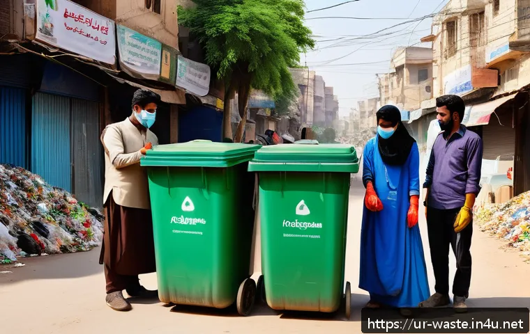 폐기물처리 이론과 실무 차이점 - A vibrant urban street scene in a Pakistani city, showing diverse community members actively partici...