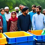 Home 19 폐기물처리 실무 사례 공유 - A vibrant community cleanup event in a typical South Asian neighborhood, featuring men, women, and c...