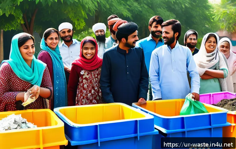 폐기물처리 실무 사례 공유 - A vibrant community cleanup event in a typical South Asian neighborhood, featuring men, women, and c...