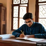 Home 23 폐기물처리기사 실기시험 완벽 가이드 - A focused study session in a traditional Pakistani home setting, featuring a young adult male studen...