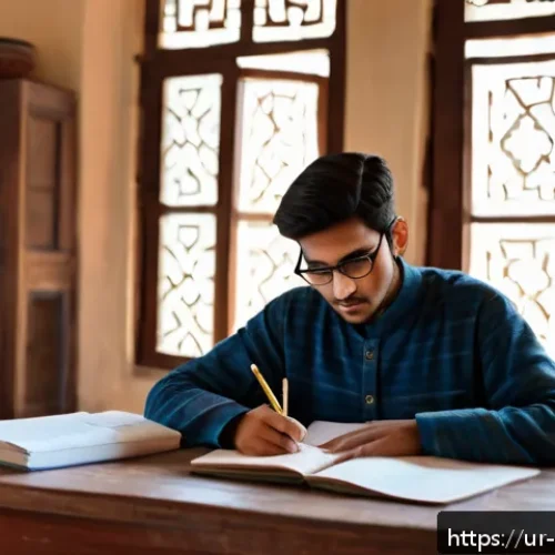 Home 17 폐기물처리기사 실기시험 완벽 가이드 - A focused study session in a traditional Pakistani home setting, featuring a young adult male studen...