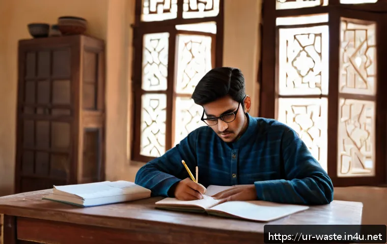 폐기물처리기사 실기시험 완벽 가이드 - A focused study session in a traditional Pakistani home setting, featuring a young adult male studen...